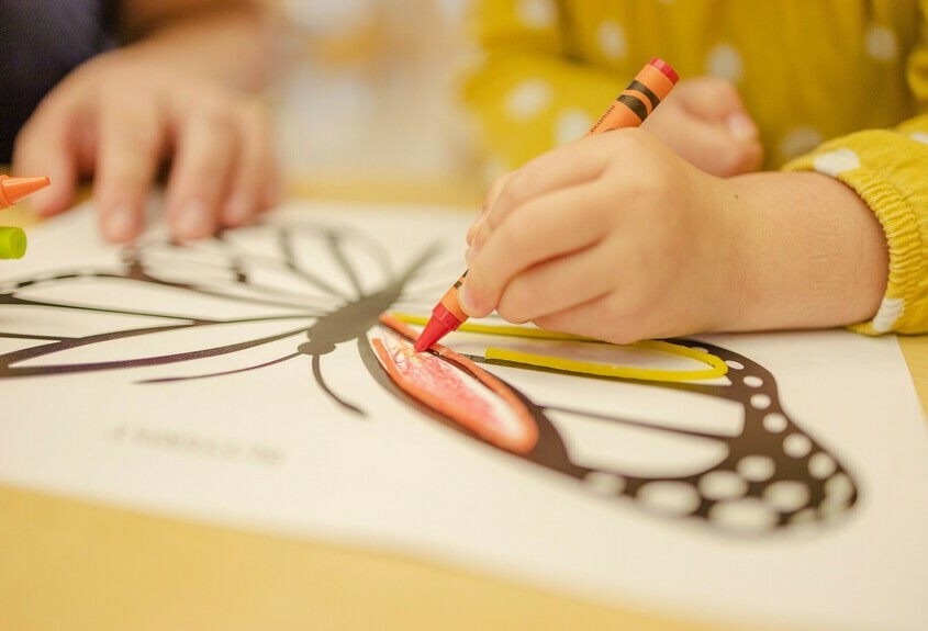 a child colouring a picture of a butterfly with crayons